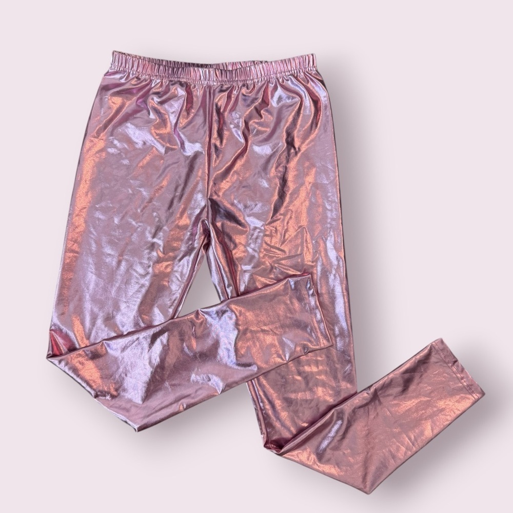 Pink Metallic Foil High Rise Leggings Festival Rave Pants Size L - Picture 3 of 4